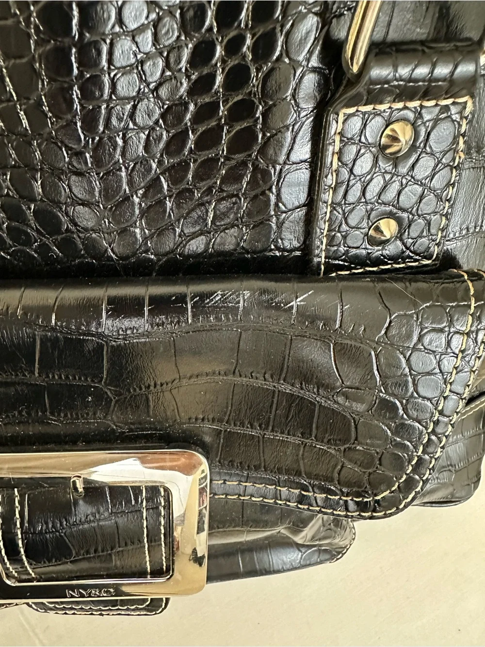 New York & Company Black Faux Leather Croc-Embossed Tote with Silver Buckle